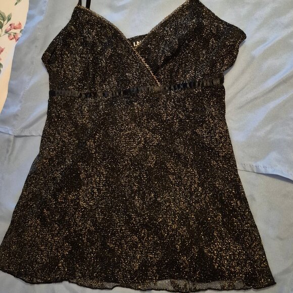 Vintage Camisole. Medium. Lined. Gold metallic thread designs on sheer black. - Picture 1 of 7